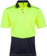 A bright yellow and navy blue unisex short-sleeve polo shirt with a chest pocket and contrasting collar. It features a logo.