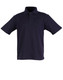 A navy unisex traditional polo shirt with a collared neck and button placket. Features a logo on the chest.
