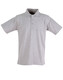 A unisex traditional polo shirt in light grey with a collar and three-button placket, featuring a logo.