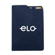 A navy blue A5 notebook with a textured cover, featuring a logo and a pen tucked into the side.