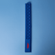 A blue popper ruler with multiple poppable buttons and a branded logo on one side.