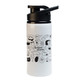 A drink bottle featuring a white body with black illustrations and a black free flow lid.