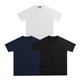 A set of three T-shirts in white, navy, and black, featuring a logo on one.