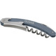 A grey and silver waitress knife featuring a corkscrew and a knife blade, with a logo on the handle.