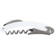 A white waitress knife with a silver corkscrew and a built-in bottle opener. It features a sleek design and logo.