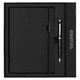 A black notebook with a pen, presented in a sleek black gift box, featuring a logo on the packaging.