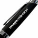 A black metal pen with a shiny clip and branding. The pen features a sleek, modern design.