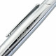 A silver metal pen with a sleek design and clip, featuring a logo on the barrel.