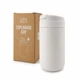 A white coffee cup sits next to its cardboard packaging, featuring a logo and a sleek design.