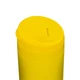 A yellow coffee cup with a round lid and a small opening for drinking, featuring a logo on the side.