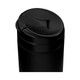 A black coffee cup with a sealed lid and a small opening for drinking, featuring a logo.