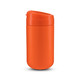 An orange coffee cup with a lid, featuring a smooth finish and a sleek design. It has a branding logo on it.
