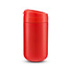 A coffee cup in bright red with a secure lid and a smooth finish, featuring a logo on the side.