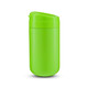A green coffee cup with a secure lid and a sleek design. It features a logo.