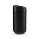 A coffee cup in matte black with a secure lid and a minimalist design, featuring a logo.