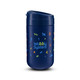 A reusable coffee cup in navy blue featuring a playful design and a lid. It includes a logo on the front.