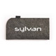 A grey felt sunglasses case with a rounded edge and a brand logo displayed prominently.