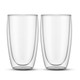 A set of two large, clear double wall glasses with a sleek design. Ideal for various drinks.