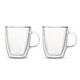 A set of two clear glass double wall mugs with handles. Each mug features a sleek, minimalist design.