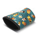 A neoprene cup sleeve in teal featuring various drink illustrations. It has a black trim and a branding logo.
