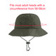 A foldable bucket hat in olive green with a drawstring, featuring a logo. Suitable for adult head sizes 56-58 cm.