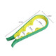 A green and yellow multi-purpose jar opener with a textured grip, designed for opening various jar lids.