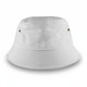 A white bucket hat featuring a simple, unembellished design and a small logo on the side.