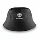 A black bucket hat featuring a logo. The hat has a wide brim and a casual design.