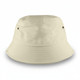 A medium, beige bucket hat featuring ventilation eyelets and a flat brim. It has a branding logo.
