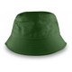 A green bucket hat with a wide brim and eyelets, Featuring a logo on the side.