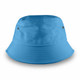 A blue bucket hat featuring a wide brim and small ventilation holes. It includes a discreet logo.