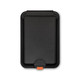 A black phone wallet with a smooth finish and an orange accent at the bottom. It has a simple, sleek design.
