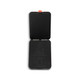 A black phone wallet with a hinged design features interior instructions for portrait and landscape modes.