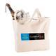 A cream zippered cotton canvas shopper tote with an umbrella, newspaper, and a map, featuring a logo.