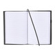 A refillable journal with a black leather cover, featuring lined pages and a ribbon bookmark.