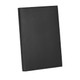 A black leather refillable journal with a smooth finish and a simple design. It features a branding logo.