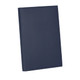 A navy blue leather refillable journal with a smooth finish and a subtle branding logo.