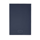 A navy blue leather refillable journal with a smooth finish and a logo on the cover.