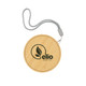 A round bamboo wireless charger with a grey strap and an embossed logo.