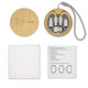 A circular wireless charger set in bamboo, featuring multiple charging cables and a storage compartment, with a user guide.