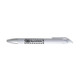 A white gel ink pen with a silver clip and a black logo on the barrel.