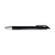 A black gel ink pen with a silver tip and clip, featuring a sleek, modern design and a logo on the body.