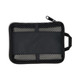 A black zippered pouch with a mesh front and a handle, suitable for organising small items.