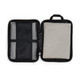 A zipped storage case featuring a mesh pocket and a padded compartment, primarily in black with a light grey interior.