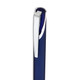 A gel ink pen with a sleek design, featuring a dark blue barrel and metallic silver clip.