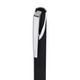 A black gel ink pen with a sleek chrome clip, featuring a simple design and branding logo.