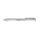 A white gel ink pen with a silver nib and a logo printed on the barrel.