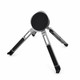 A silver and black device stand with three adjustable legs, featuring a flat circular top and a sleek design.