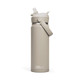 A drink bottle in a light beige colour with a flip straw and a side handle, featuring a logo.