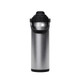 A drink bottle in stainless steel with a black lid and handle, featuring a streamlined design and a logo.
